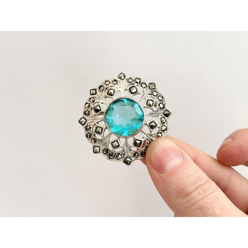 SOLD -Sterling Silver Vintage 925 Stamped Natural Marcasite & Acquamarine Brooch - Picture 7 of 9